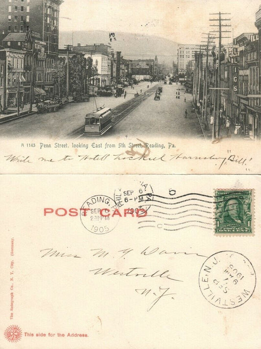 READING PA PENN STREET FROM 5th 1905 UNDIVIDED ANTIQUE POSTCARD railroad trolley