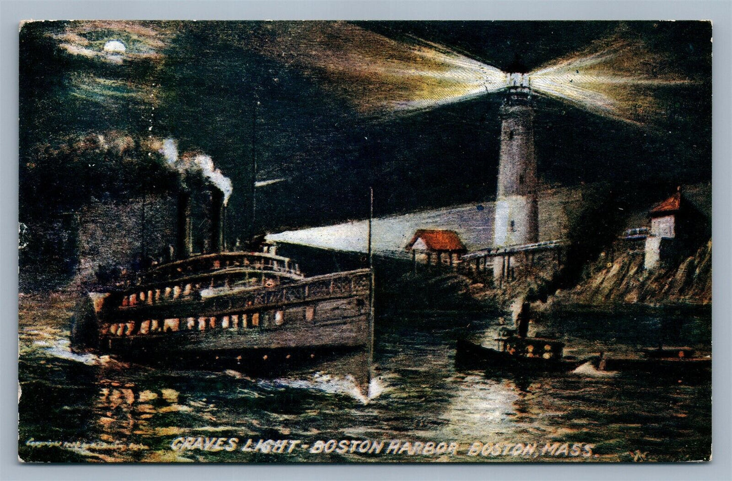 BOSTON HARBOR MA GRAVES LIGHTHOUSE 1913 ANTIQUE POSTCARD