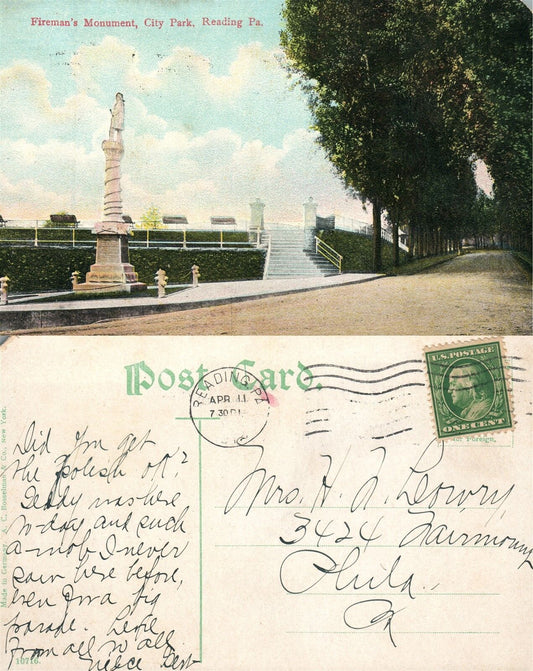READING PA FIREMAN'S MONUMENT CITY PARK 1912 ANTIQUE POSTCARD