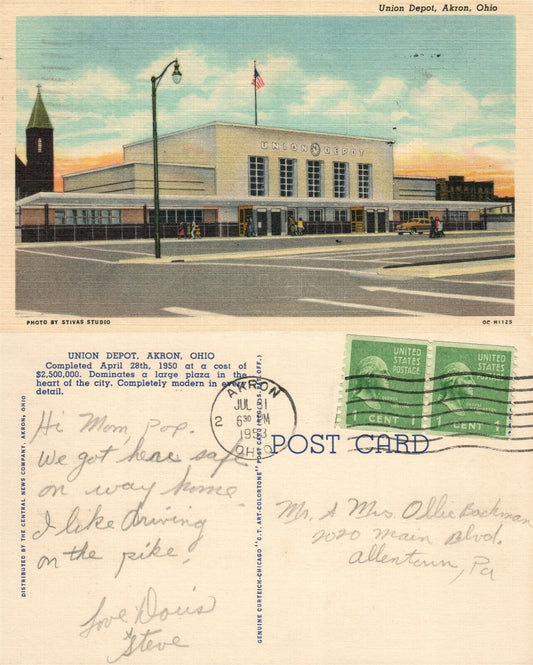 AKRON OH RAILWAY STATION 1953 VINTAGE POSTCARD RAILROAD DEPOT