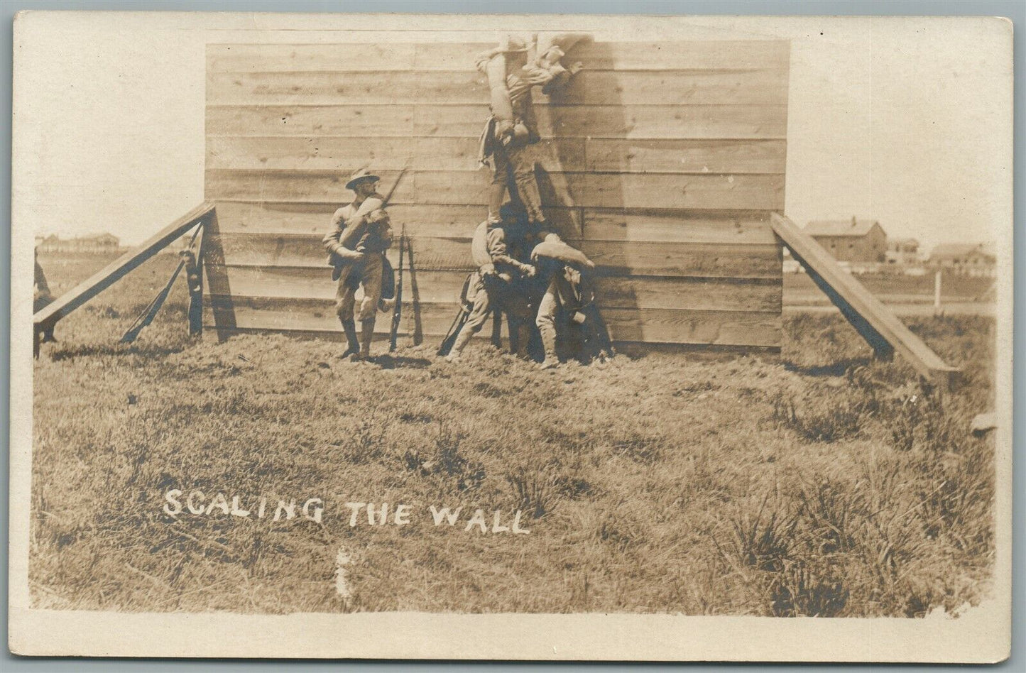 WWI SOLDIERS TRAINING SCALING THE WALL ANTIQUE REAL PHOTO POSTCARD RPPC
