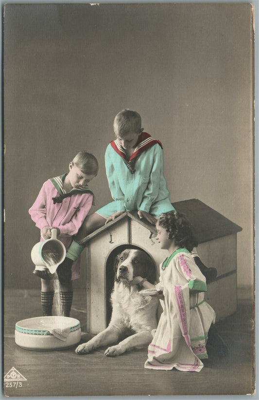 KIDS GIVING WATER TO LARGE DOG ANTIQUE REAL PHOTO POSTCARD RPPC