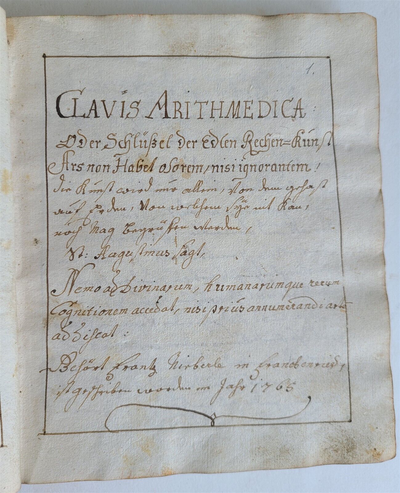 1765 MATHEMATICS GERMAN MANUSCRIPT CLAVIS ARITHMETICA antique HAND WRITTEN