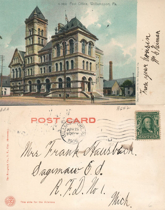 WILLIAMSPORT PA POST OFFICE 1906 UNDIVIDED ANTIQUE POSTCARD