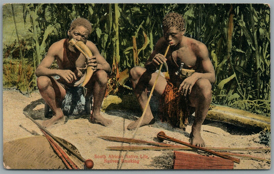 SOUTH AFRICAN NATIVES SMOKING ANTIQUE POSTCARD