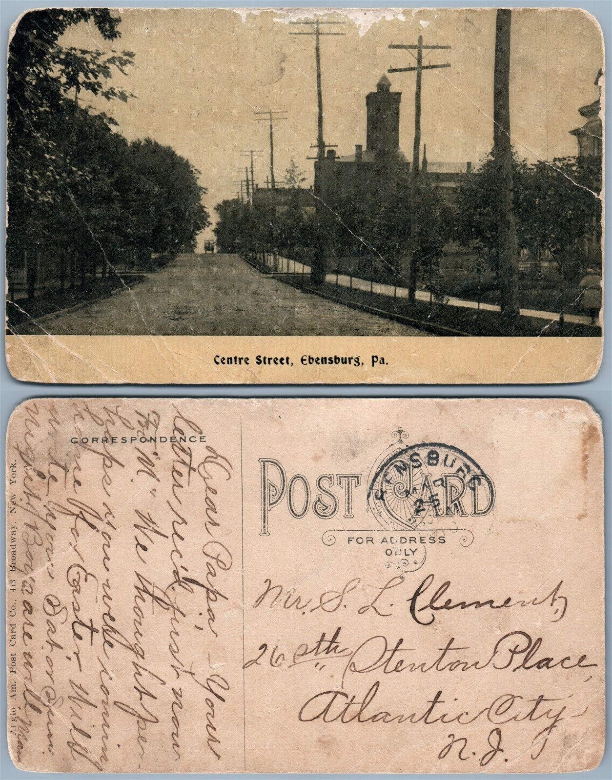 EBENSBURG PA CENTRE STREET 1910 ANTIQUE POSTCARD