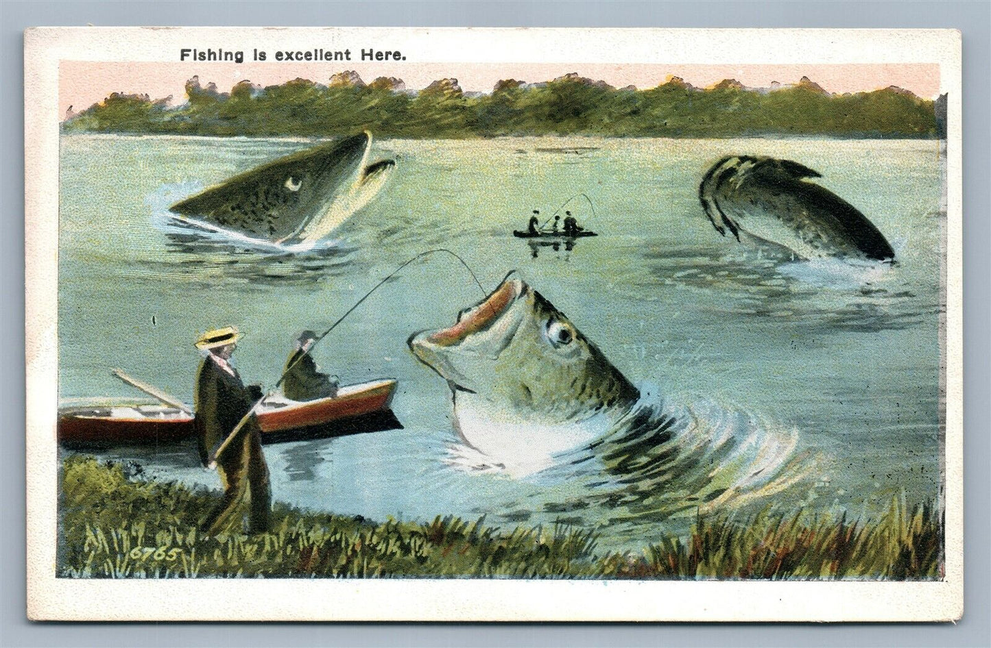 EXAGGERATED FISH ANTIQUE POSTCARD FISHING IS EXCELLENT HERE