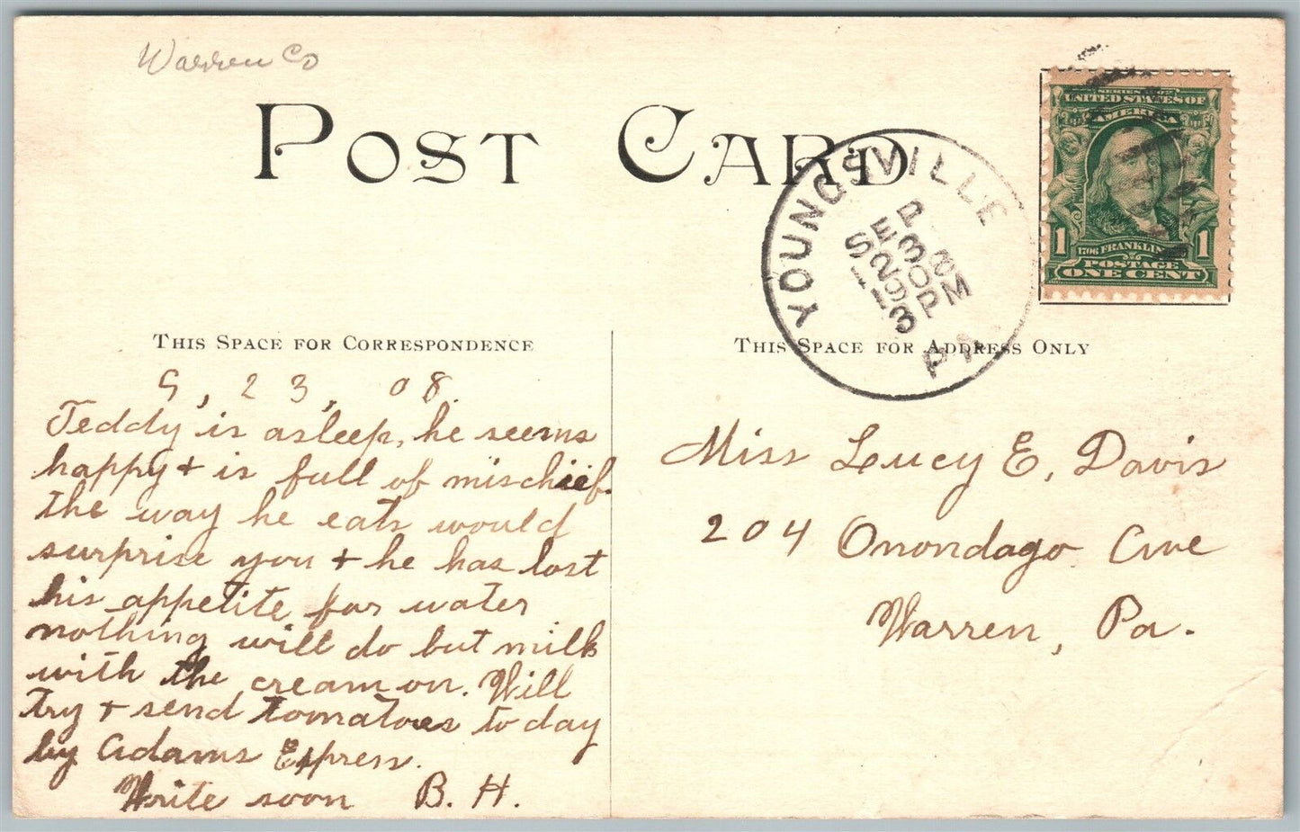 YOUNGSVILLE PA M.E.CHURCH EAST MAIN STREET 1908 ANTIQUE POSTCARD