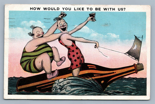 COUPLE OF DRINKERS RIDING BOTTLE 1925 COMIC ANTIQUE POSTCARD