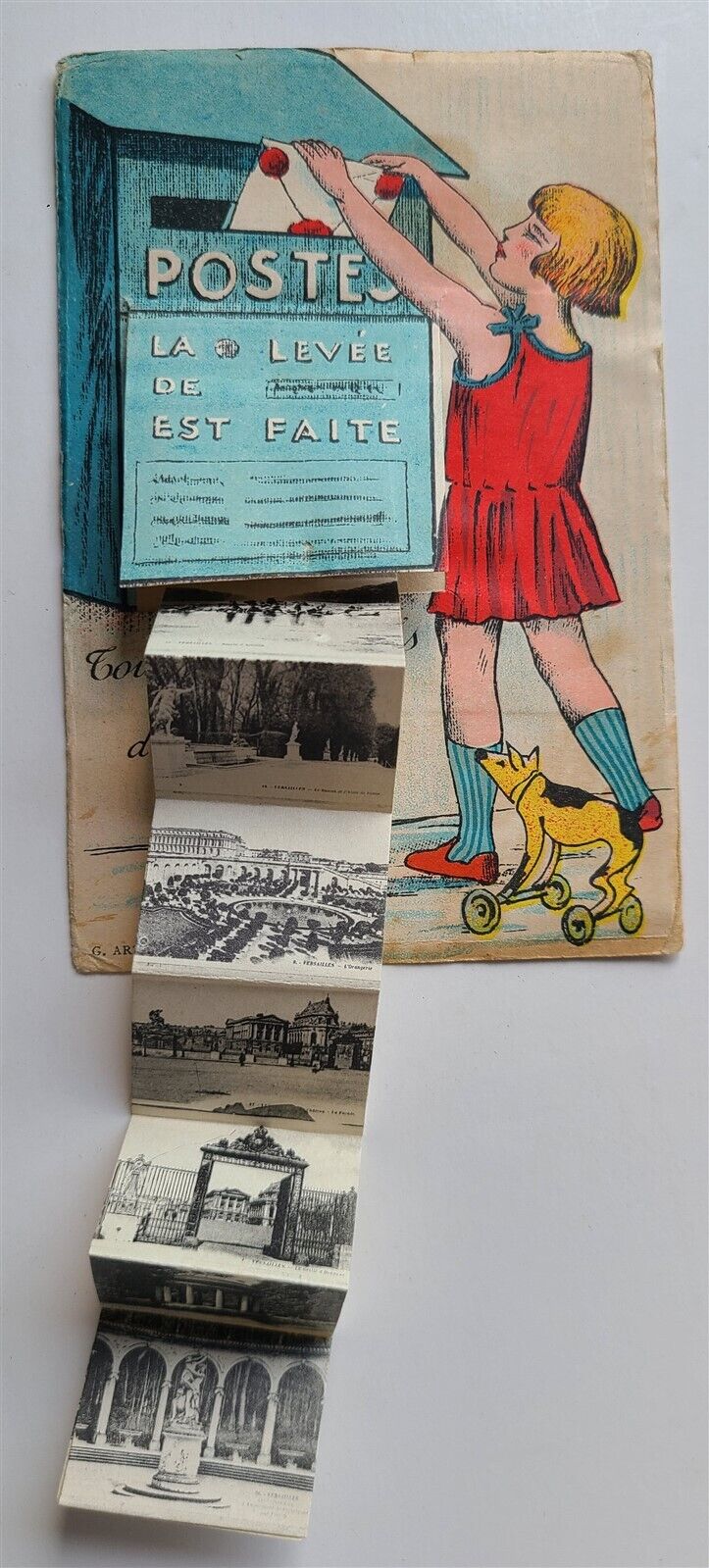 FRENCH COMIC POSTCARD MAILBOX w/ FOLDING MINIATURE VIEWS of VERSAILLES