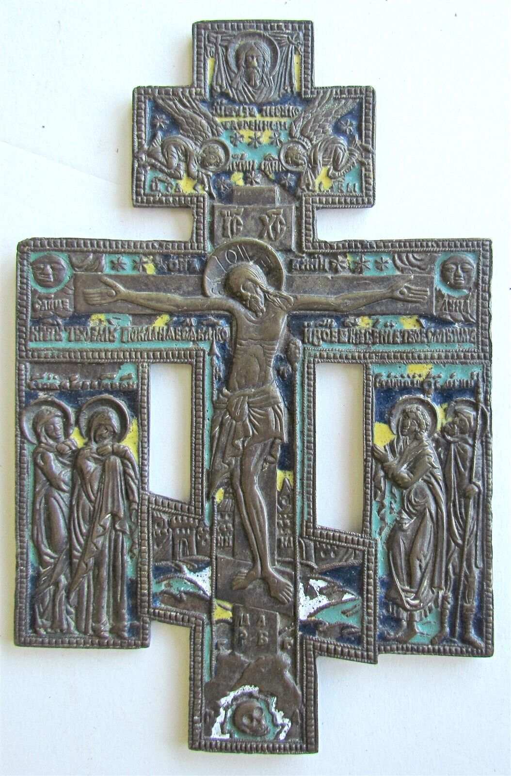 RUSSIAN icon WALL CROSS BRONZE MULTI ENAMEL ANTIQUE 1870s