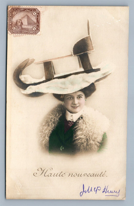 PRETTY LADY in CRAZY HAT ANTIQUE REAL PHOTO POSTCARD RPPC w/EGYPTIAN STAMP