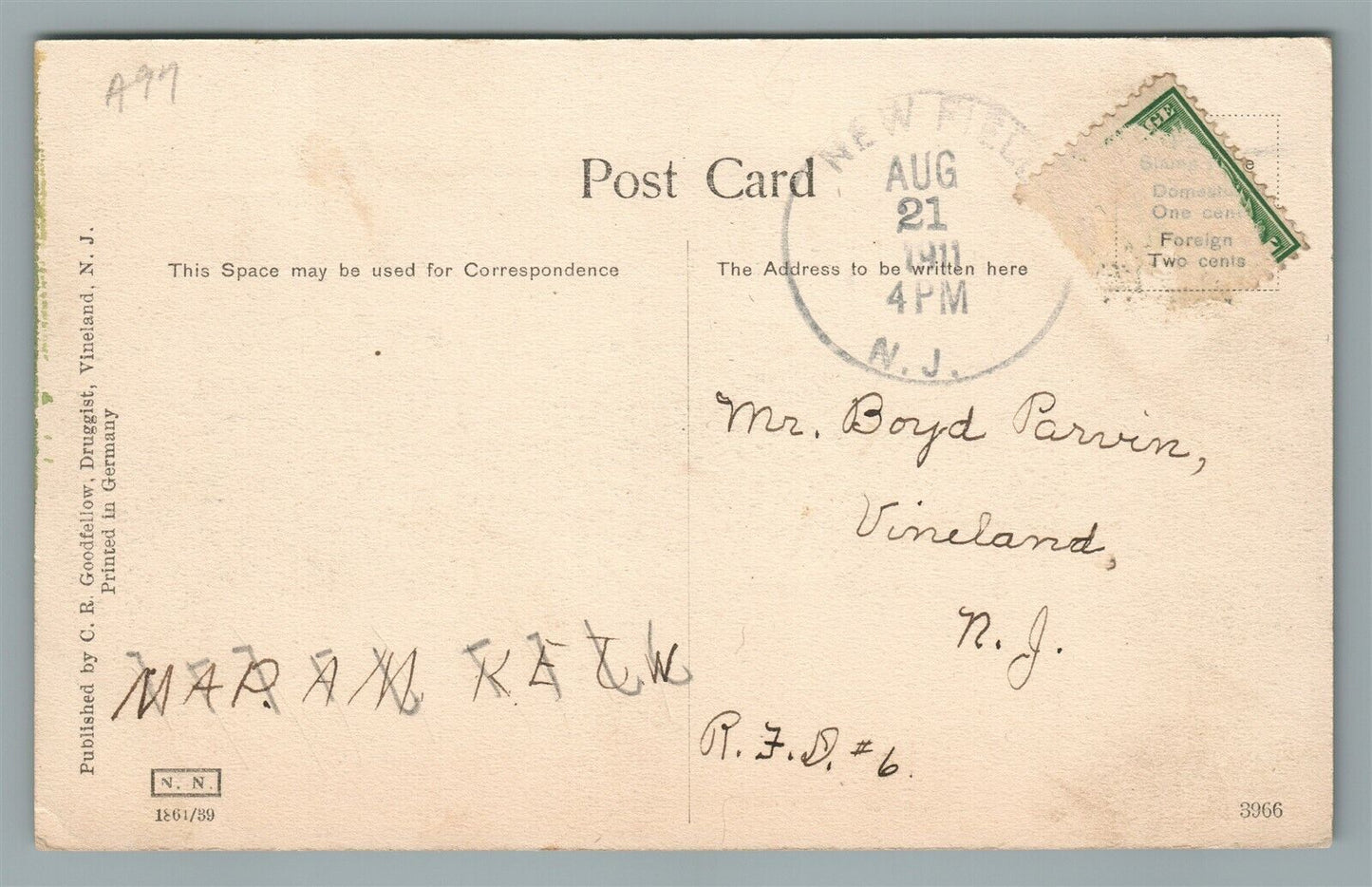 VINELAND PARK NJ EAST AVE. ANTIQUE POSTCARD