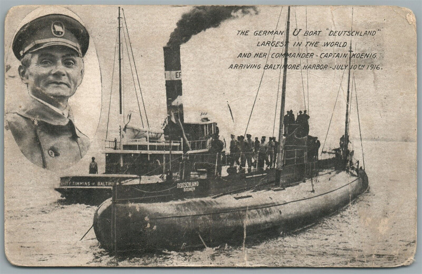 GERMAN U-BOAT DEUTSCHLAND & CAPTAIN KOENIG ANTIQUE POSTCARD