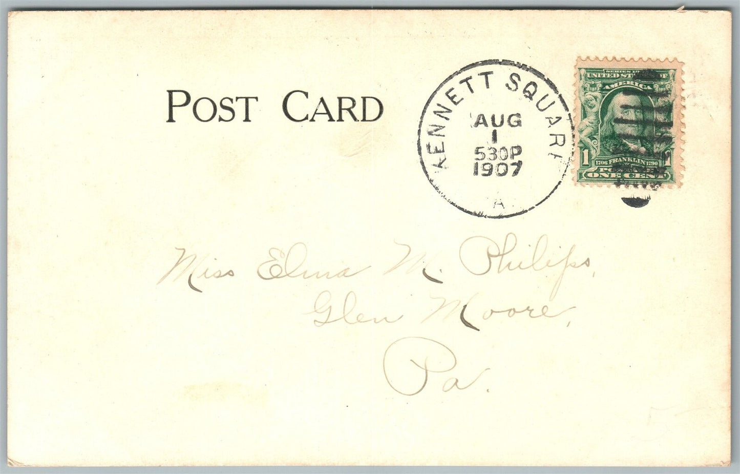 KENNET SQUARE PA THE LODGE 1907 UNDIVIDED ANTIQUE POSTCARD w/ CORK CANCEL