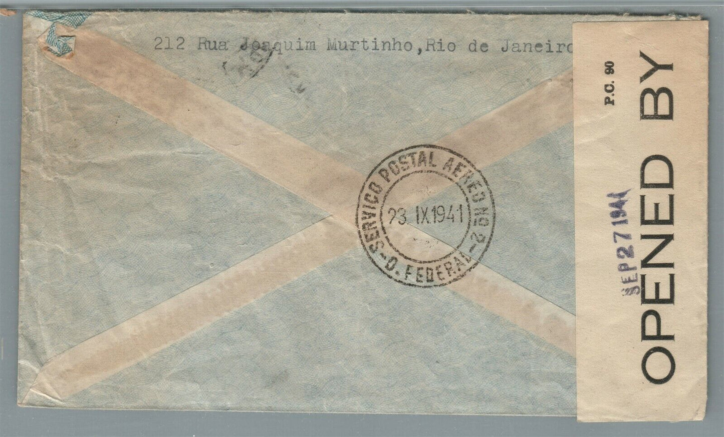 BRAZIL to NEW YORK 1944 VINTAGE COVER w/ STAMP OPENED BY EXAMINER