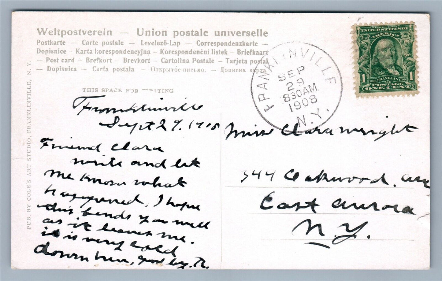 FRANKLINVILLE NY SOUTH MAIN STREET ANTIQUE POSTCARD