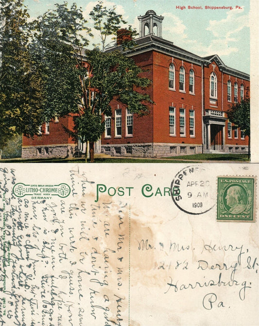 SHIPPENSBURG PA HIGH SCHOOL ANTIQUE 1909 POSTCARD