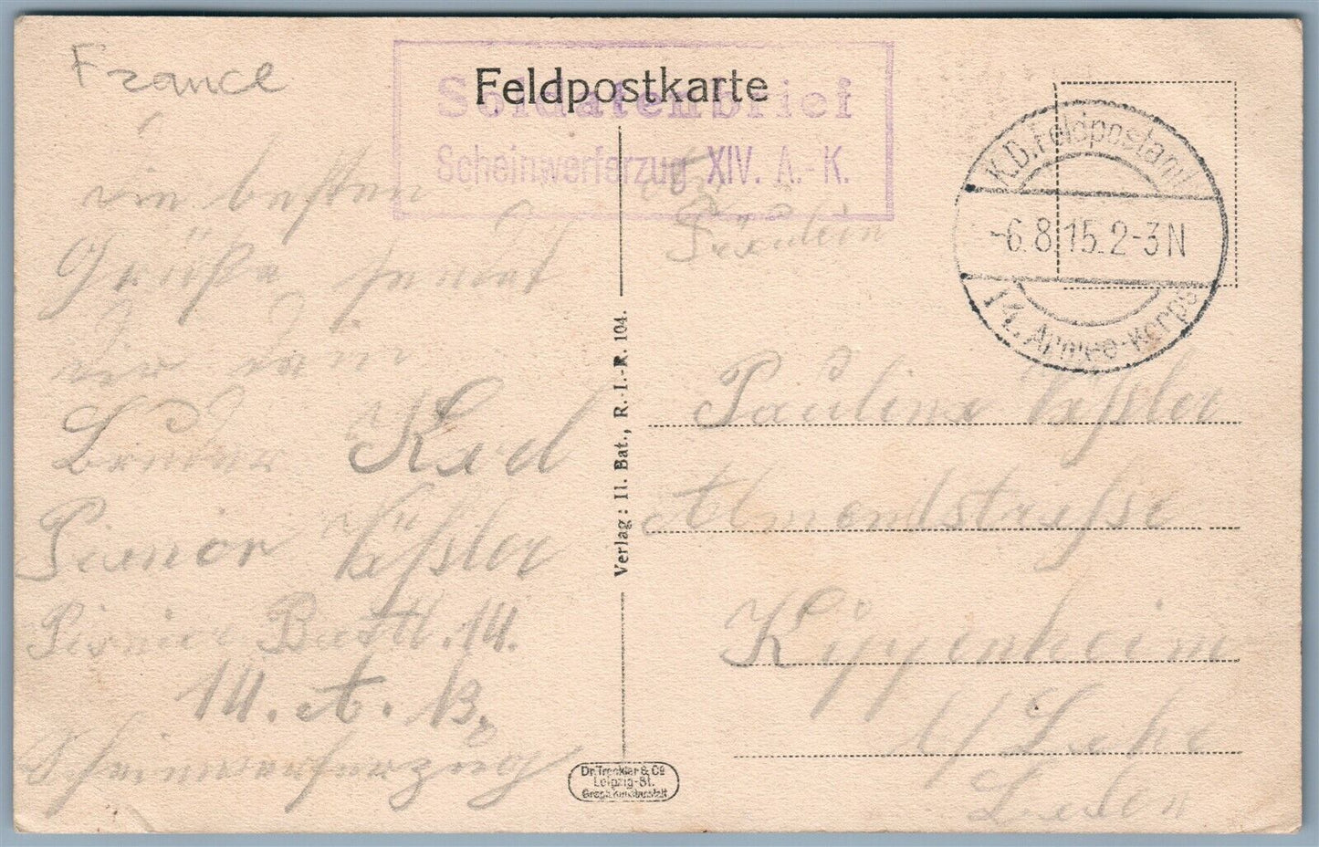 GERMAN WWI FELDPOSTKARTE 1915 ANTIQUE POSTCARD MUHLE ST.SOUPLET FRANCE