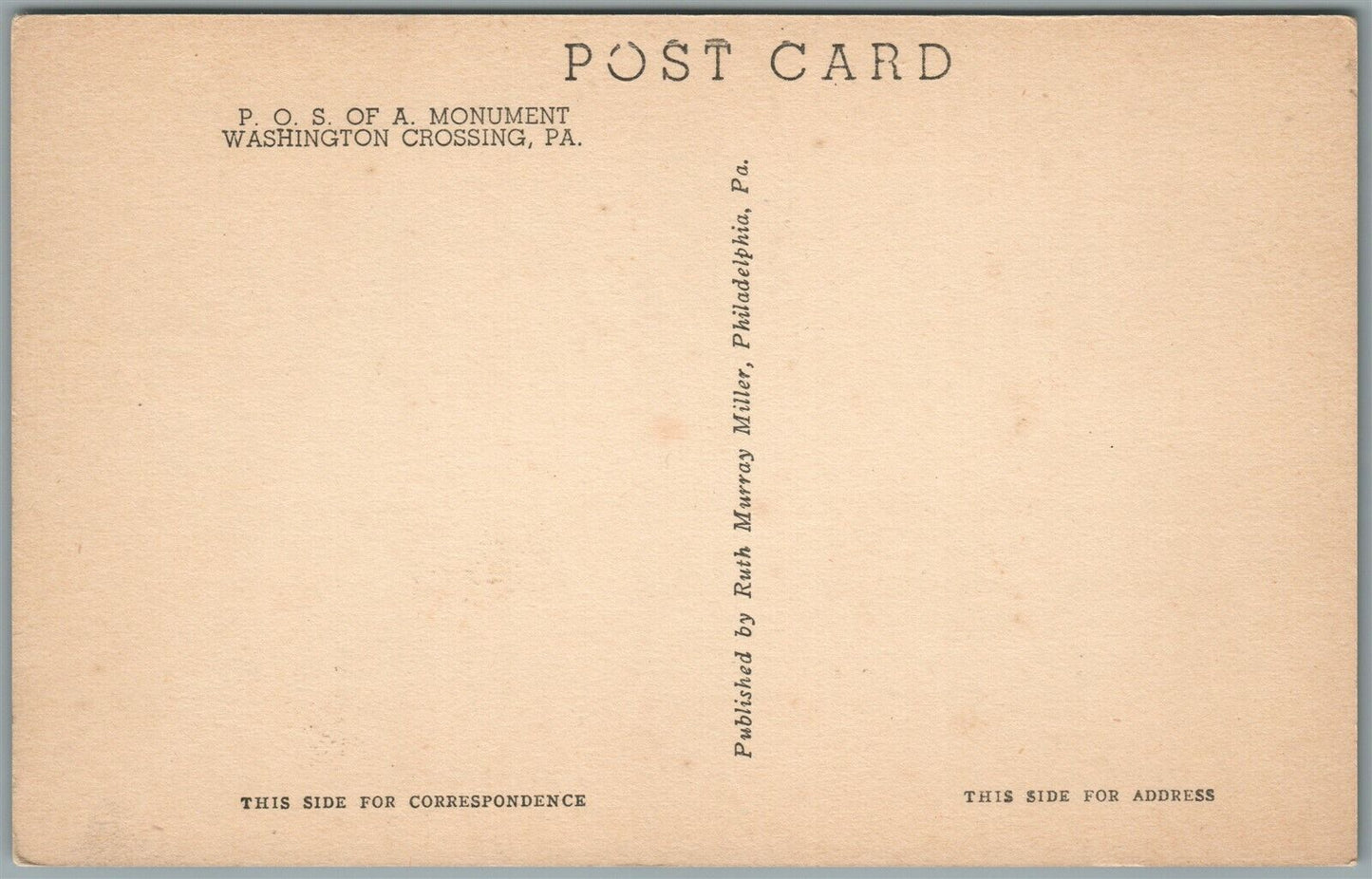 WASHINGTON CROSSING PA P.O.S. of A. MONUMENT ANTIQUE POSTCARD