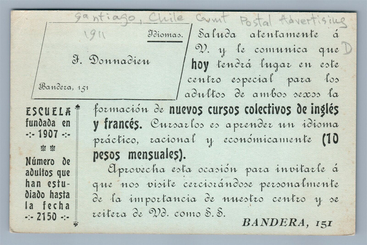 SANTYAGO CHILE GOVERNMENT POSTAL ADVERTISEMENT ANTIQUE POSTCARD