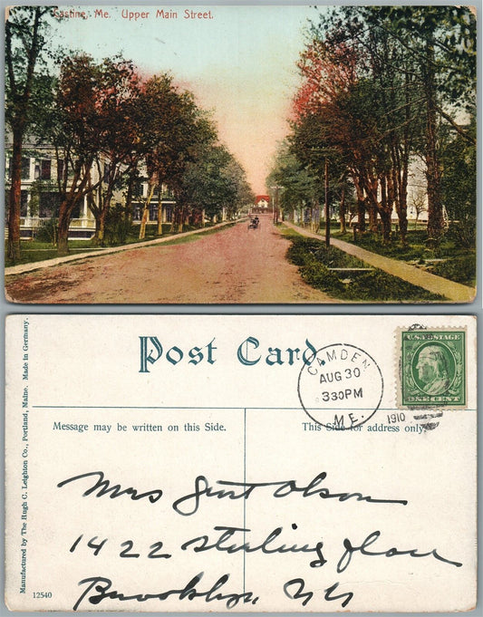 CASTINE ME UPPER MAIN STREET 1910 ANTIQUE POSTCARD w/ CORK CANCEL