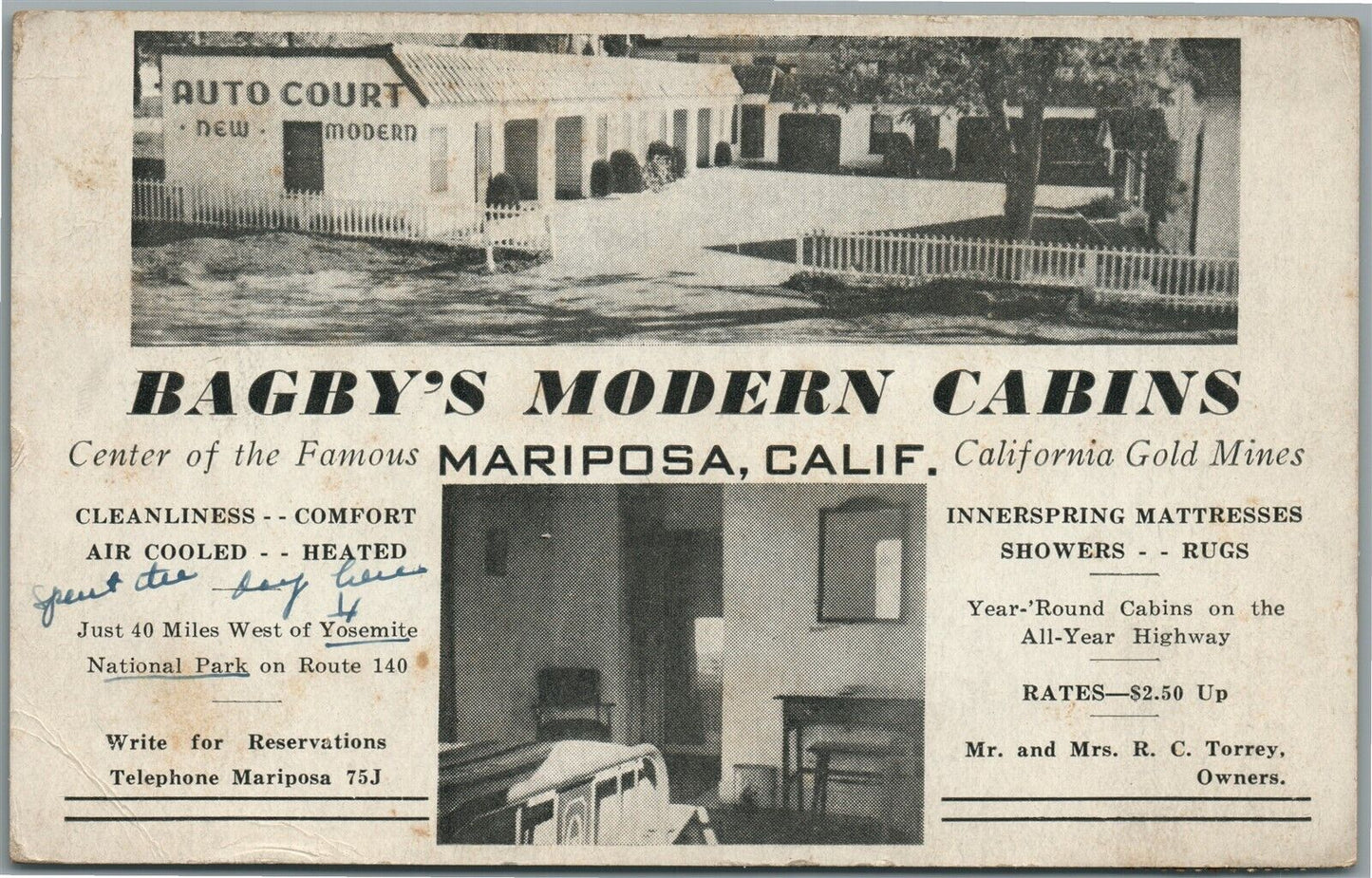 MARIPOSA CA BAGBY'S MODERN CABINS AUTO COURT VINTAGE POSTCARD