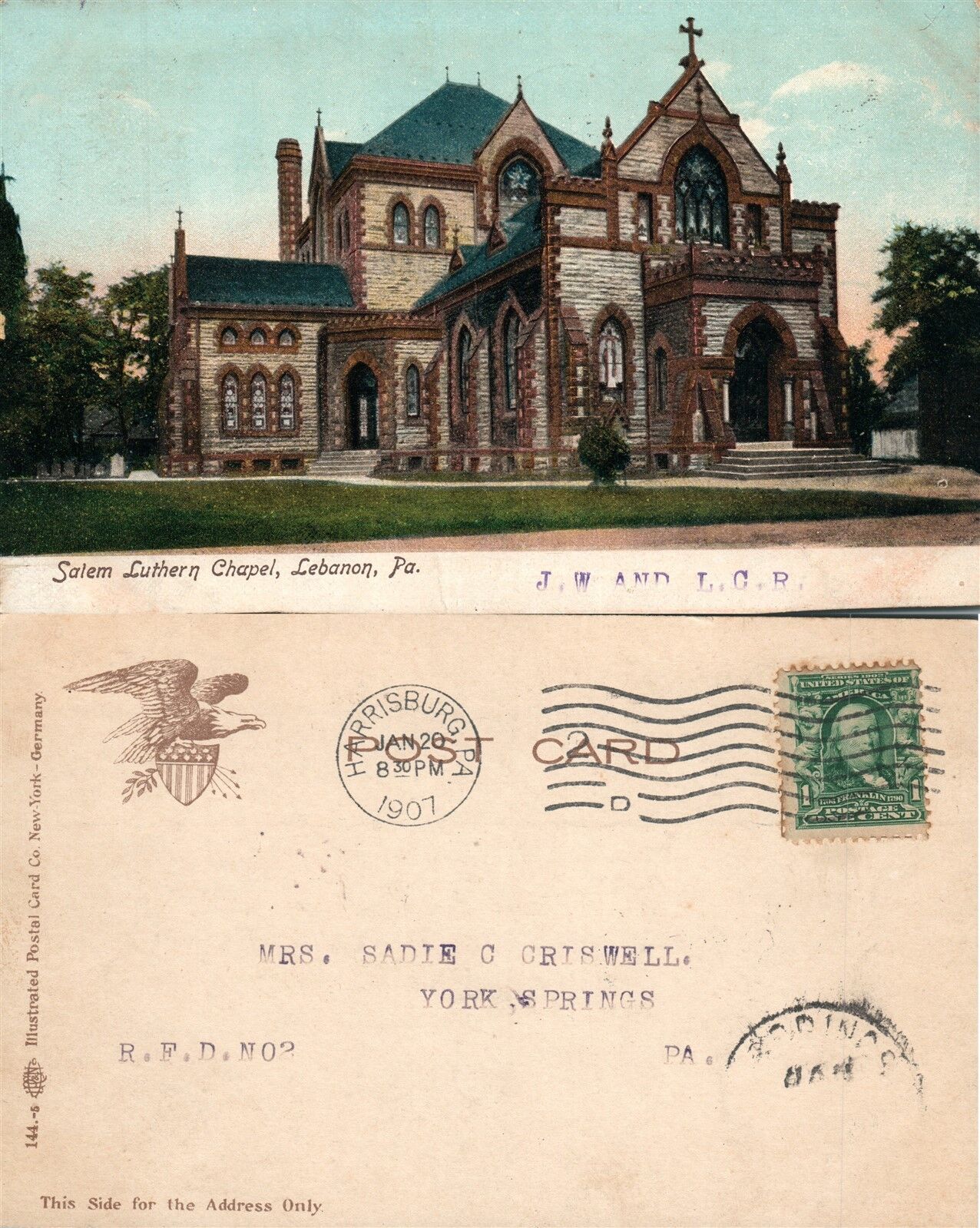 LEBANON PA SALEM LUTHERAN CHAPEL 1907 UNDIVIDED ANTIQUE POSTCARD