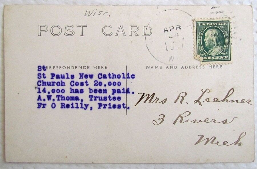 RPPC ST. PAUL'S CATHOLIC CHURCH MINERAL POINT WIS. 1917 ANTIQUE PHOTO POSTCARD