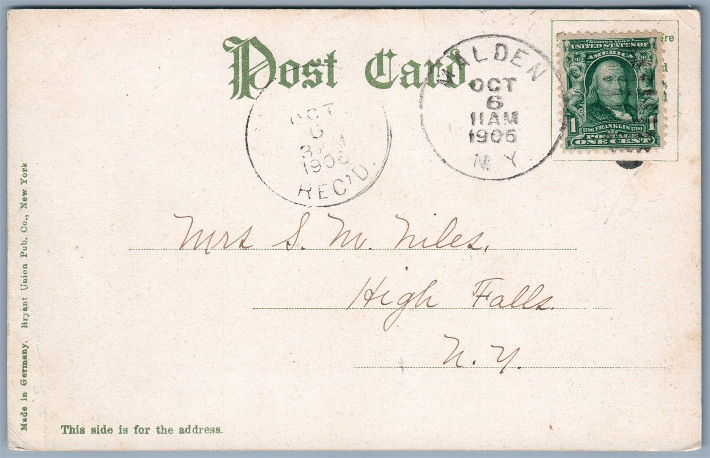 SAUGERTIES NY ESOPUS CREEK 1906 UNDIVIDED ANTIQUE POSTCARD