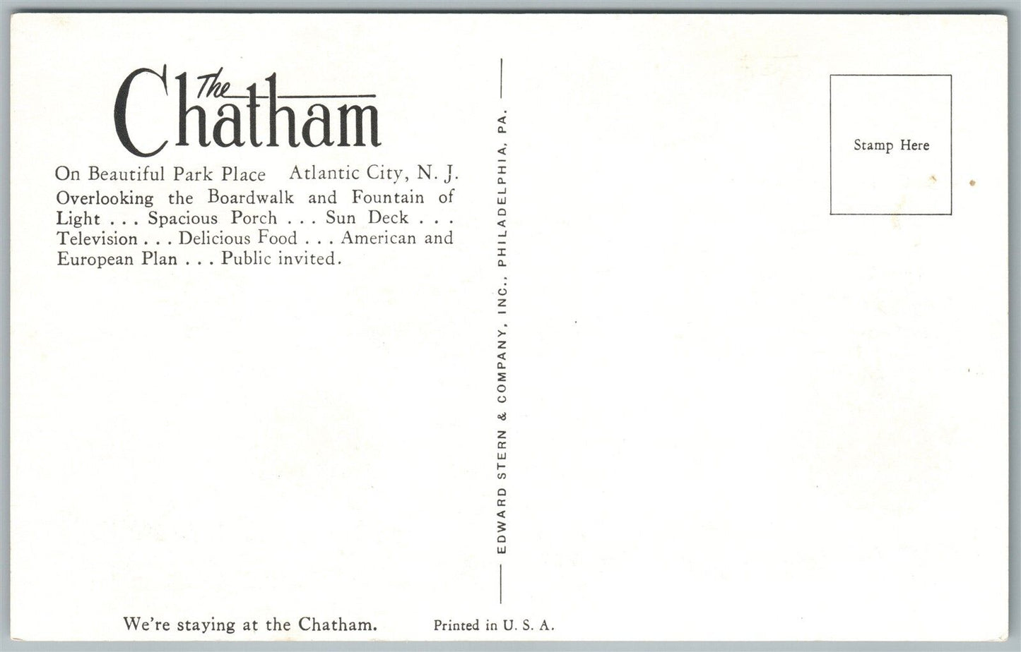 ATLANTIC CITY N.J. CHATHAM HOTEL on PARK PLACE VINTAGE POSTCARD