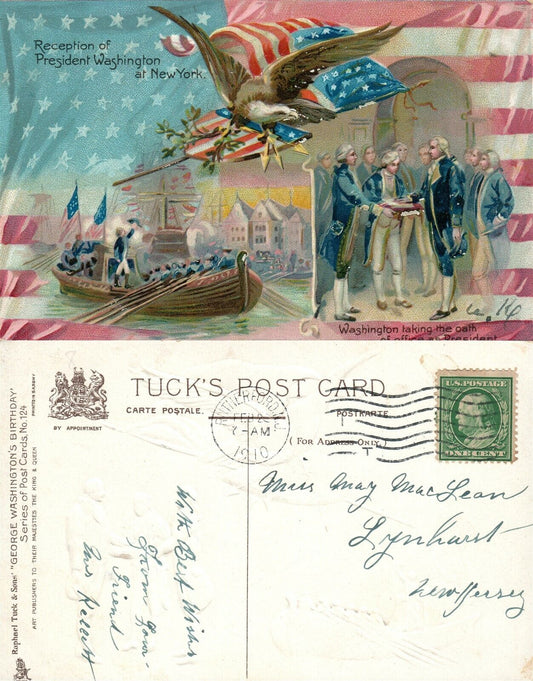 PATRIOTIC ANTIQUE 1910 EMBOSSED POSTCARD RECEPTION OF WASHINGTON IN NEW YORK