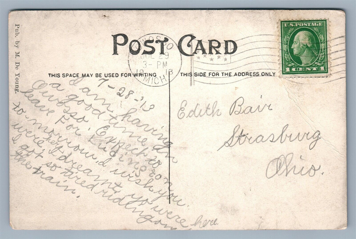 SHIAWASSEE RIVER MI 1913 ANTIQUE POSTCARD