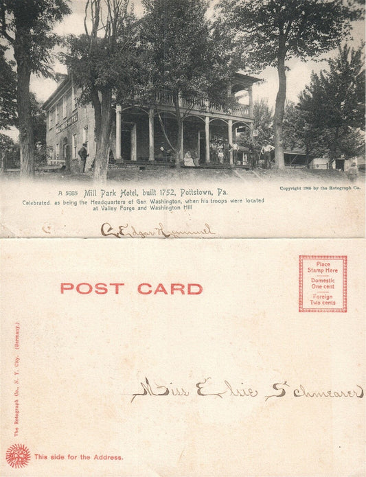 POTTSTOWN MILL PARK HOTEL GEN.WASHINGTON HEADQUARTERS UNDIVIDED ANTIQUE POSTCARD