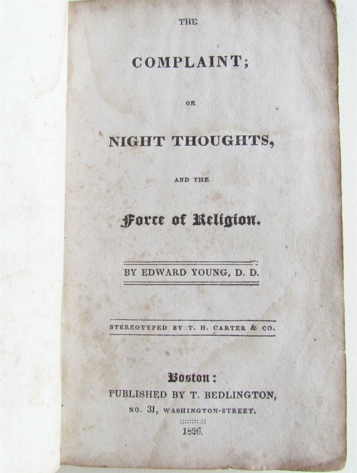 1826 COMPLAINT or NIGHT THOUGTHS & FORCE of RELIGION by E.YOUNG AMERICANA BOSTON