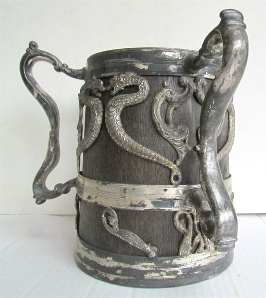 UNIQUE ANTIQUE TROPHY 3 HANDLES WOOD & SILVERPLATED VESSEL w/ SERPENTS DESIGN