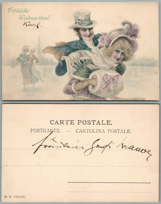 SKATING COUPLES UNDIVIDED ANTIQUE POSTCARD
