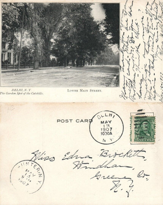 DEHLI N.Y. LOWER MAIN STREET 1907 UNDIVIDED ANTIQUE POSTCARD