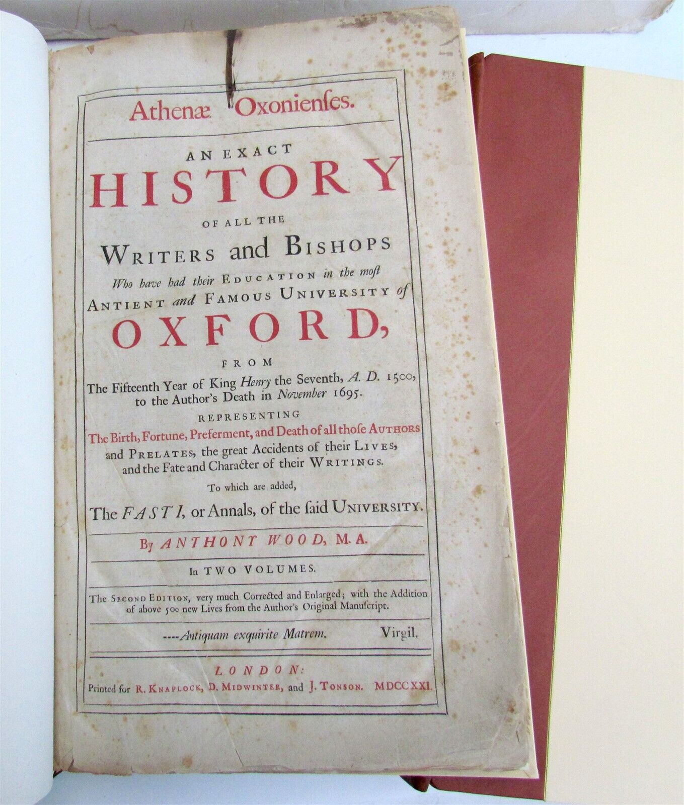 1721 HISTORY OF WRITERS & BISHOPS WHO HAD EDUCATION in OXFORD antique 2 FOLIOS