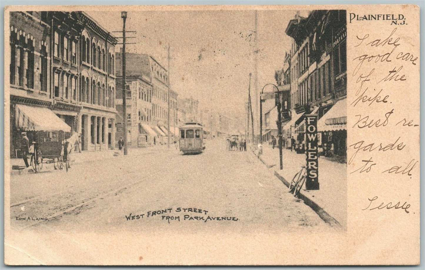 PLAINFIELD NJ WEST FRONT STREET FROM PARK AVENUE 1905 UNDIVIDED ANTIQUE POSTCARD