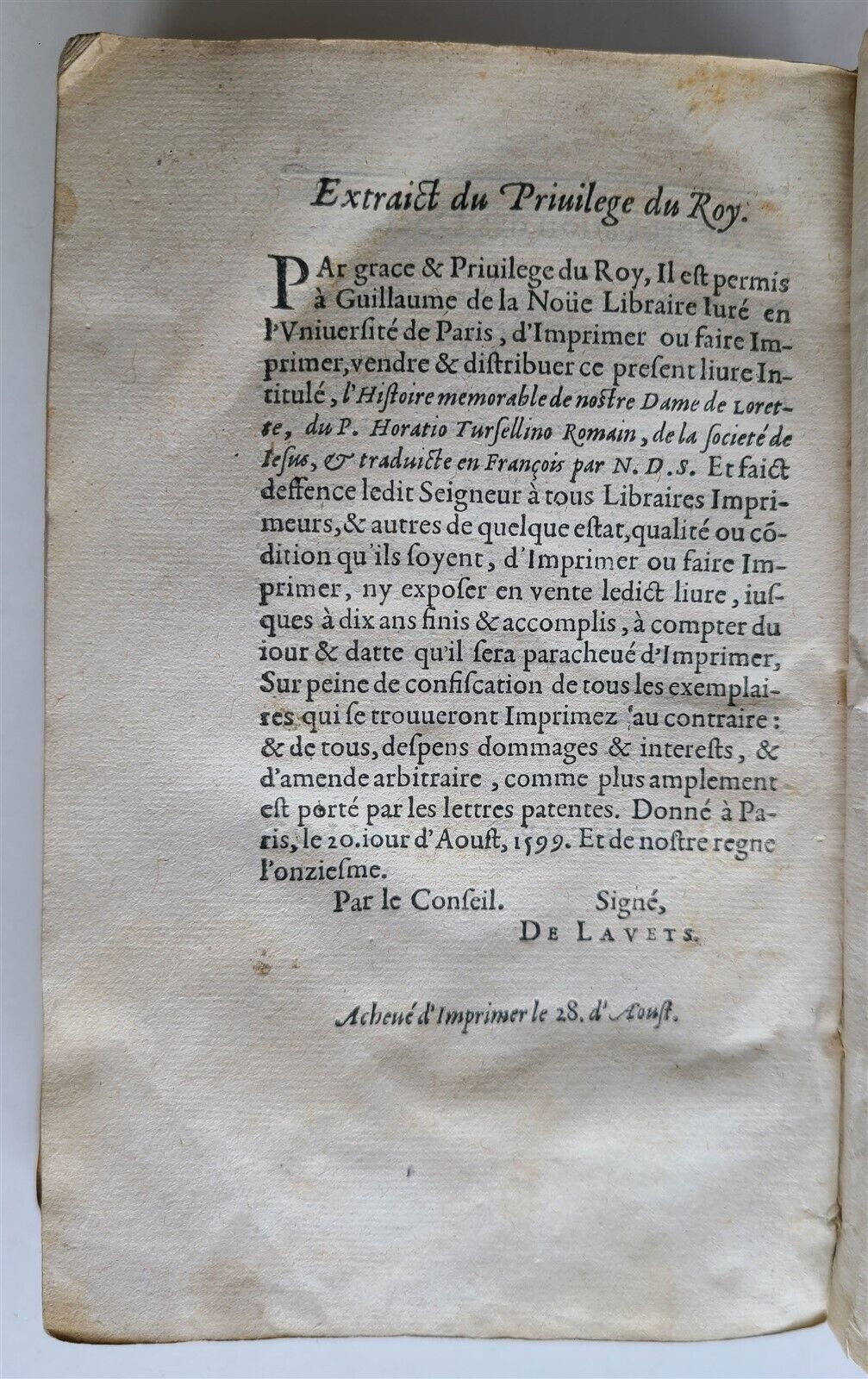 1599 L'HISTOIRE MEMORABLE DE NOSTRE DAME DE LORETTE antique VELLUM in French