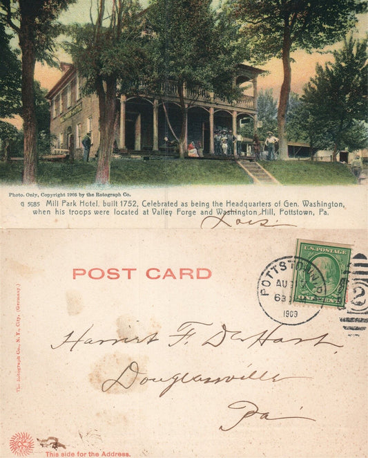 POTTSTOWN MILL PARK HOTEL WASHINGTON HEADQUARTERS ANTIQUE POSTCARD CORK STAMP
