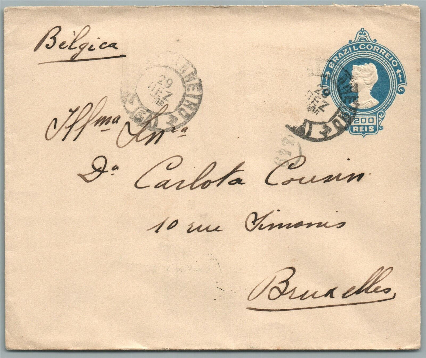 BRAZIL to BELGIUM 1907 ANTIQUE COVER