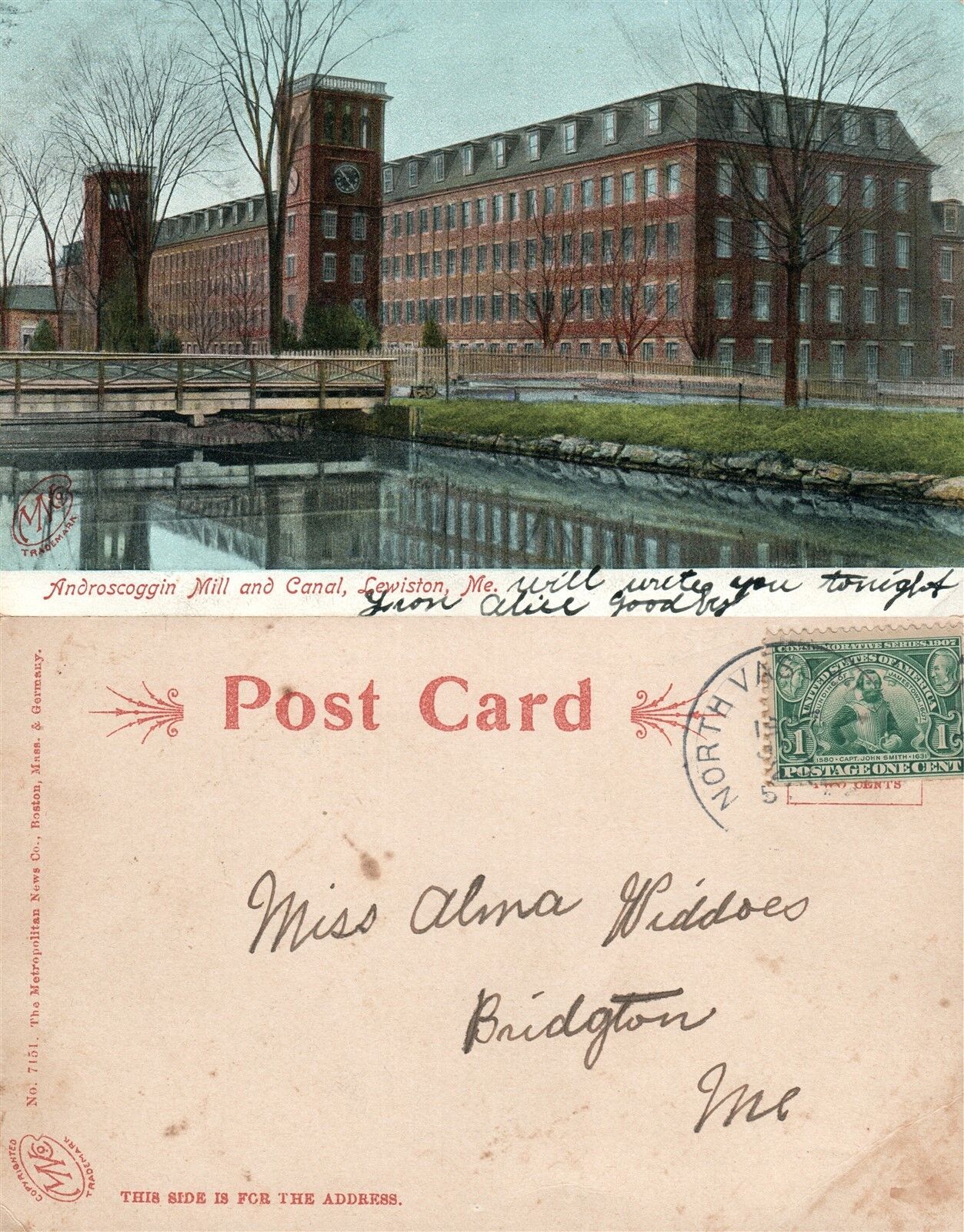 LEWISTON MAINE ANDROSCOGGIN MILL & CANAL UNDIVIDED ANTIQUE POSTCARD