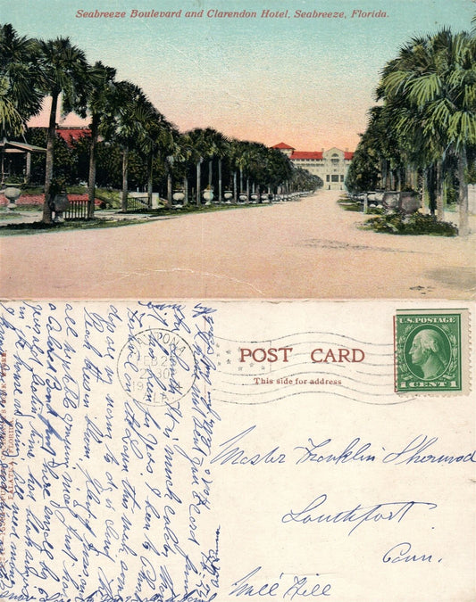 SEABREEZE BOULEVARD FL CLARENDON HOTEL 1914 ANTIQUE POSTCARD