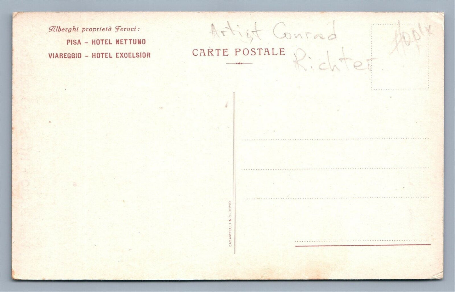 PISA HOTEL NETTUNO ADD ITALIAN ARTIST SIGNED CONRAD RICHTER ANTIQUE POSTCARD