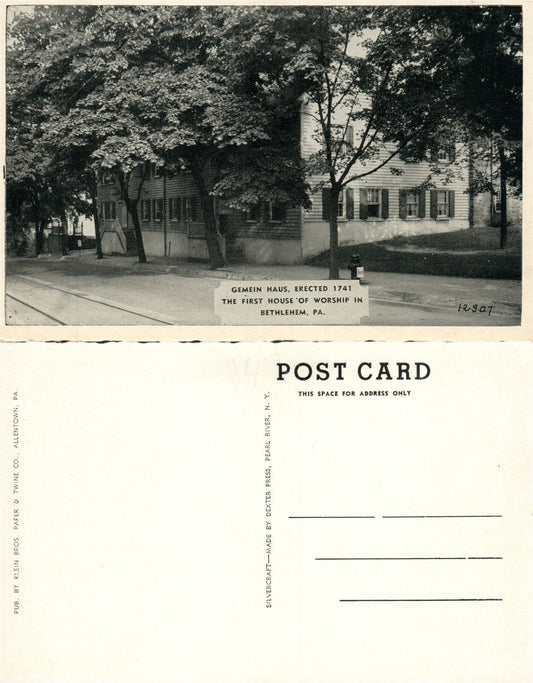 BETHLEHEM PA GEMEIN HOUSE of WORSHIP VINTAGE POSTCARD