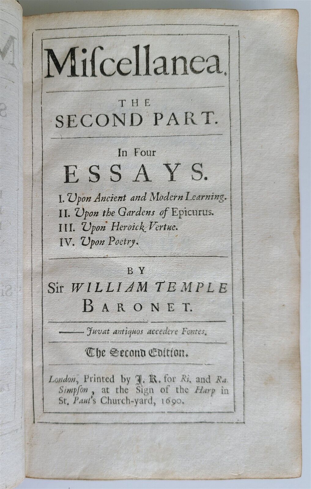 1690 MISCELLANEA. 2nd PART in 4 ESSAYS by Sir WILLIAM TEMPLE antique in ENGLISH