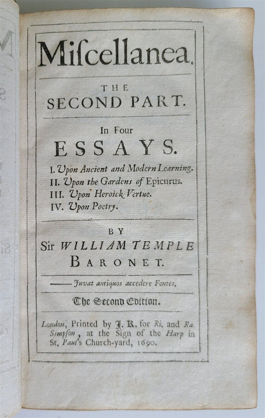 1690 MISCELLANEA. 2nd PART in 4 ESSAYS by Sir WILLIAM TEMPLE antique in ENGLISH