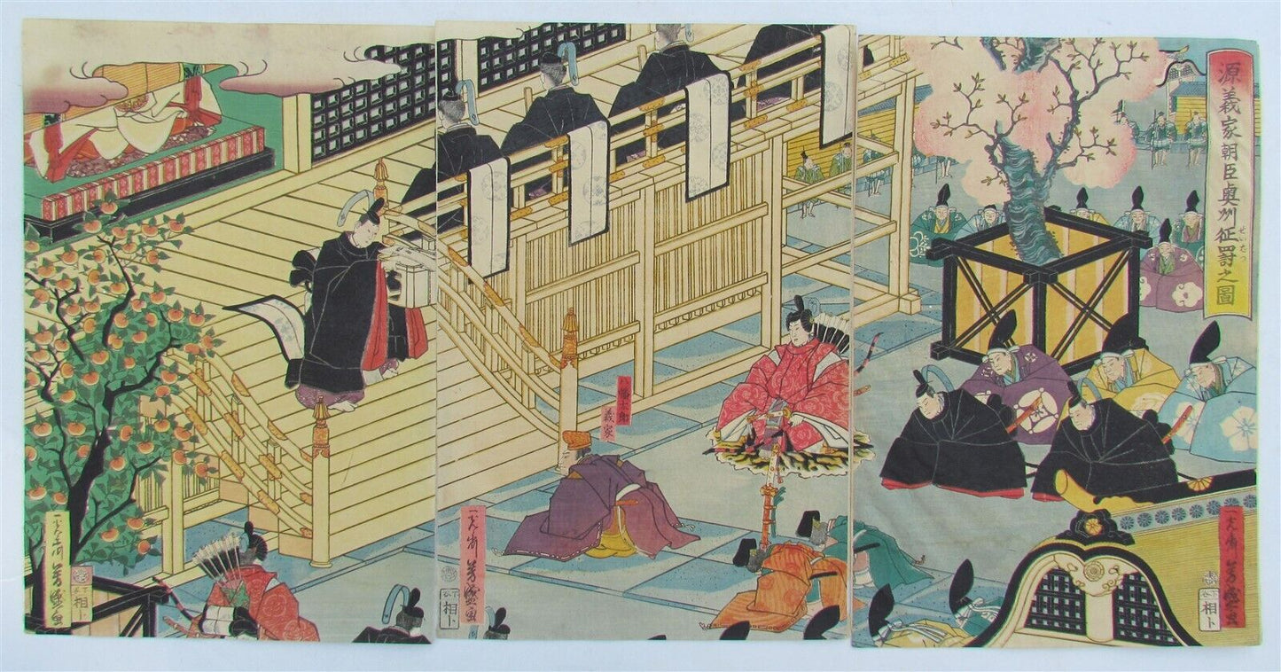 JAPANESE WOODBLOCK TRIPTYCH PRINT ANTIQUE by UTAGAWA YOSHIMORI EDO 1863